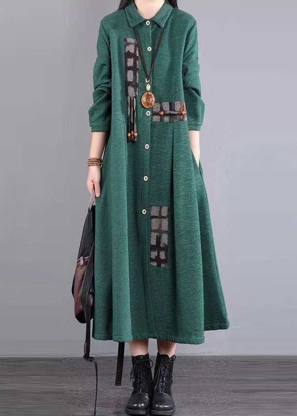 Green Pockets Patchwork Warm Fleece Maxi Dresses Peter Pan Collar Winter