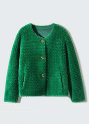 Green Pockets Patchwork Wool Coats O Neck Button Winter