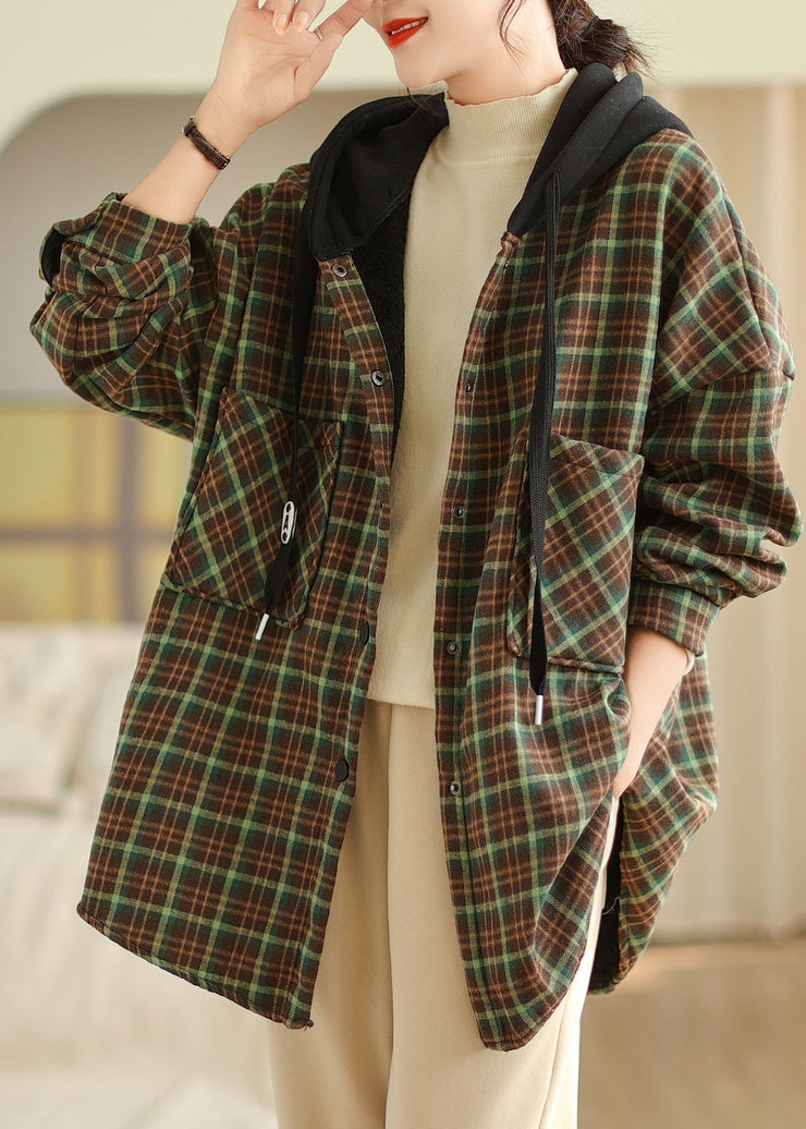 Green Pockets Plaid Loose Warm Fleece Jacket Hooded Winter