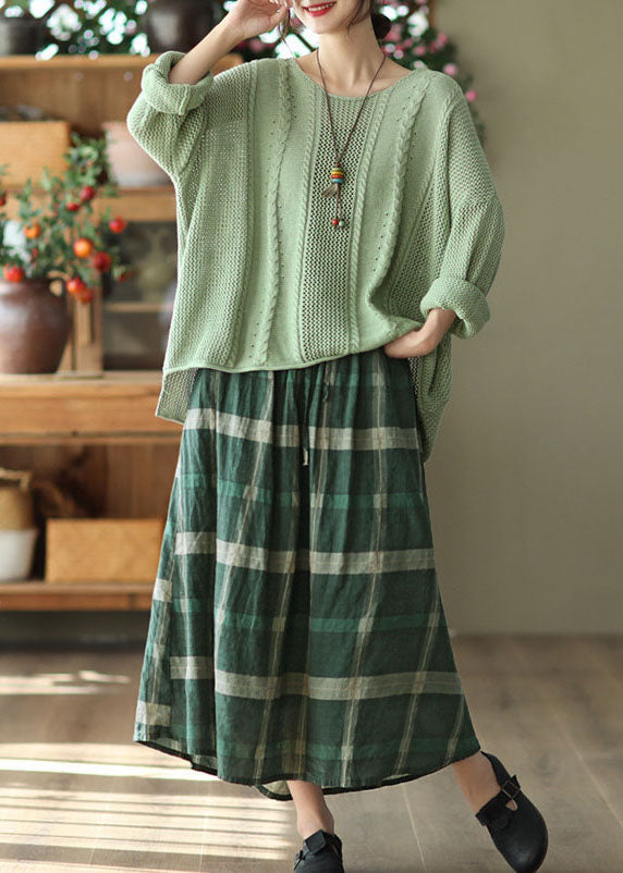 Green Pockets Plaid Print Linen Skirt Elastic Waist Spring