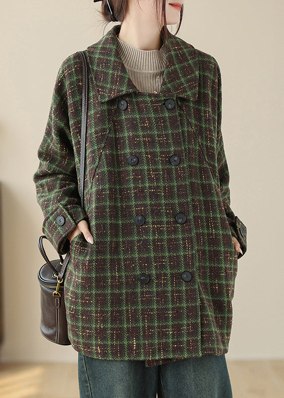 Green Pockets Plaid Woolen Coat Peter Pan Collar Double Breast Fall