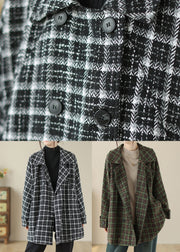 Green Pockets Plaid Woolen Coat Peter Pan Collar Double Breast Fall