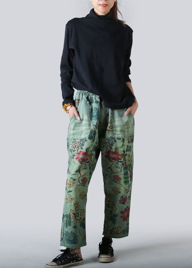 Green Pockets Print Pants Straight Denim Elastic Waist Spring