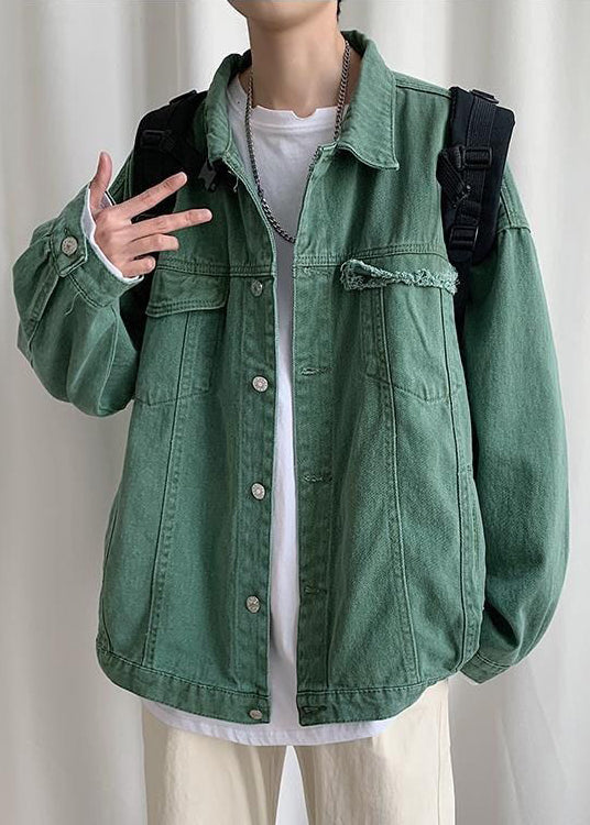 Green Pockets Solid Denim Fall Mens Coats Peter Pan Collar