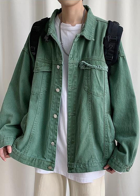 Green Pockets Solid Denim Fall Mens Coats Peter Pan Collar