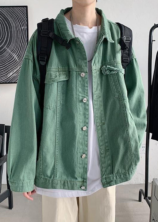 Green Pockets Solid Denim Fall Mens Coats Peter Pan Collar