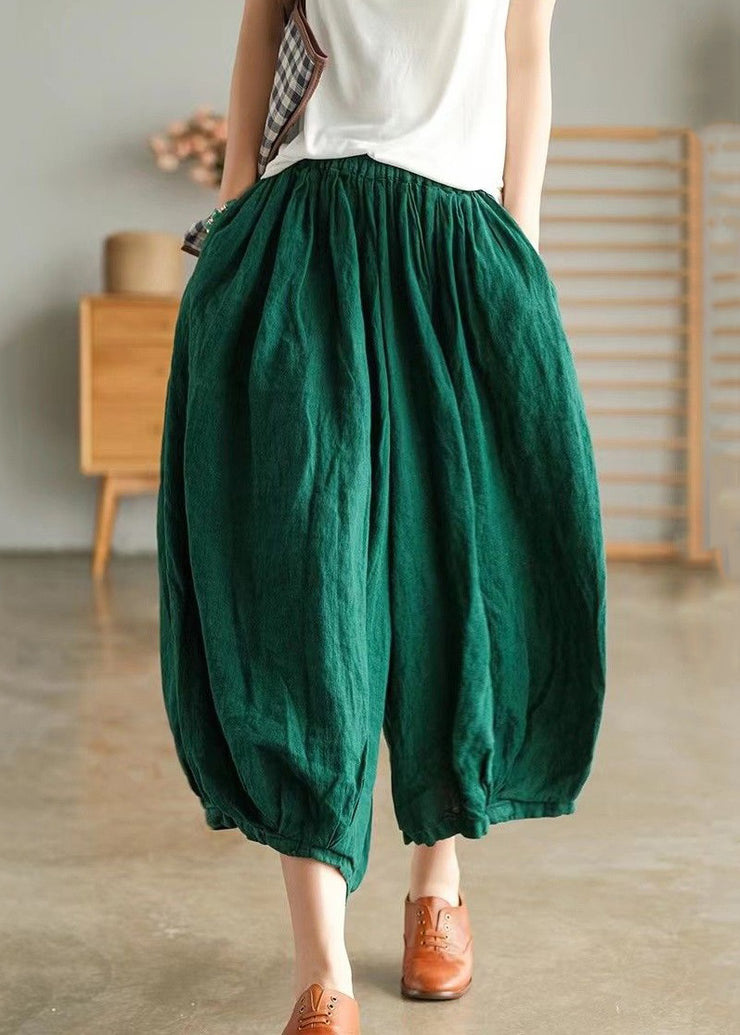 Green Pockets Solid Linen Wide Leg Pants High Waist Summer