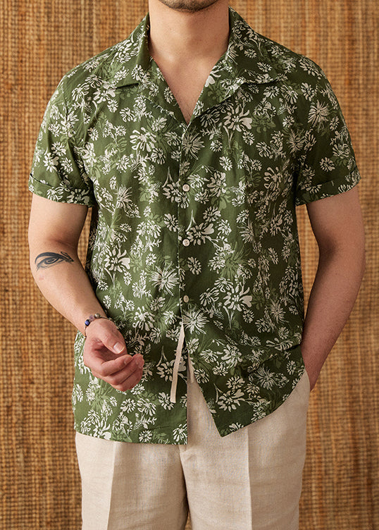 Green Print Button Cotton Men Shirt Peter Pan Collar Short Sleeve