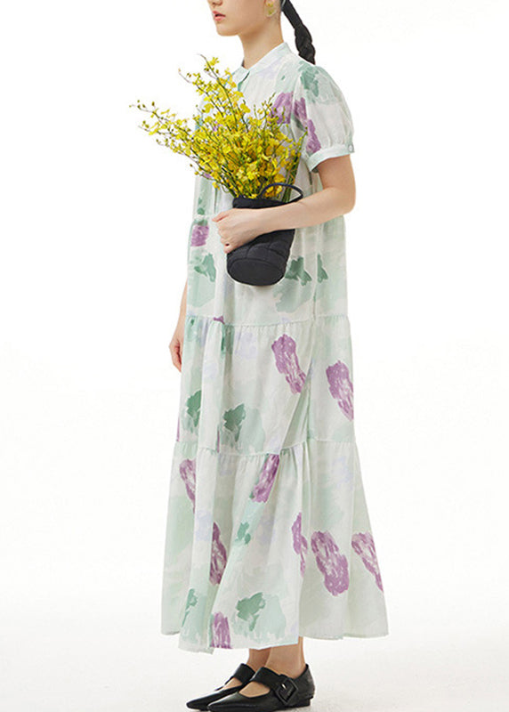 Green Print Button Maxi Dress Short Sleeve