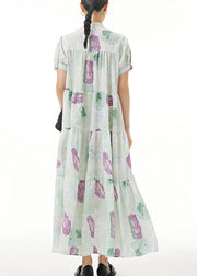 Green Print Button Maxi Dress Short Sleeve