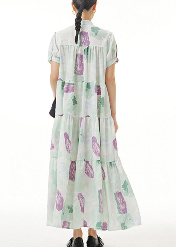 Green Print Button Maxi Dress Short Sleeve