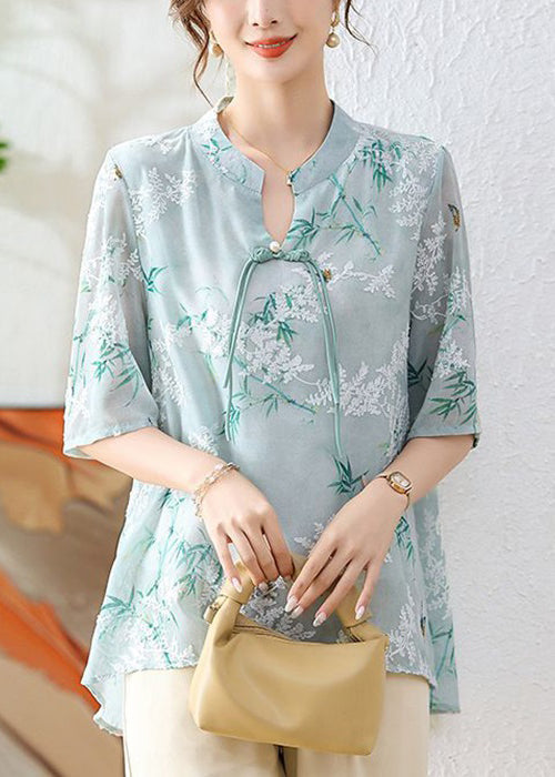 Green Print Chiffon Blouses Stand Collar Half Sleeve