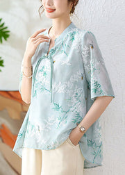 Green Print Chiffon Blouses Stand Collar Half Sleeve