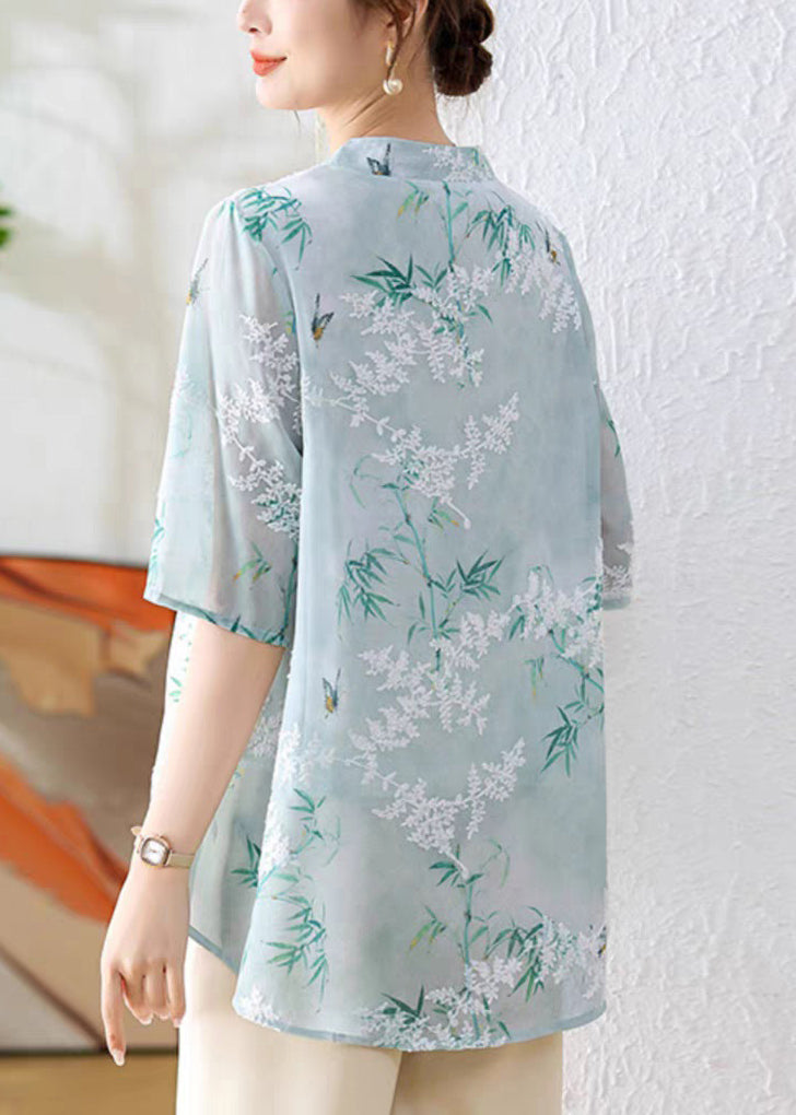 Green Print Chiffon Blouses Stand Collar Half Sleeve