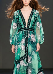 Green Print Chiffon Maxi Dresses Deep-V Neck Fall