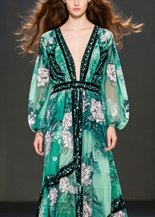 Green Print Chiffon Maxi Dresses Deep-V Neck Fall