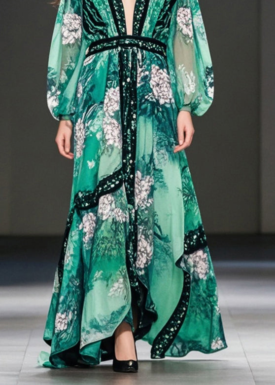 Green Print Chiffon Maxi Dresses Deep-V Neck Fall