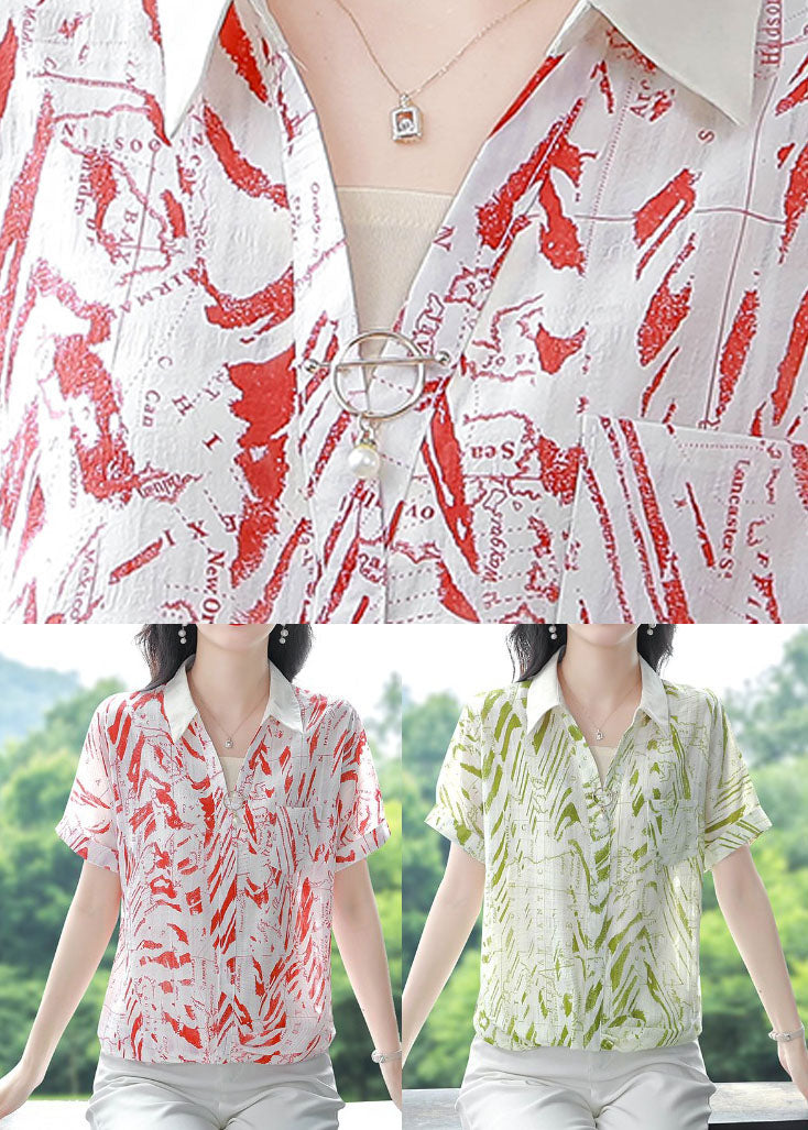 Green Print Chiffon Shirts Peter Pan Collar Short Sleeve