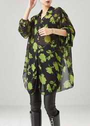 Green Print Chiffon UPF 50+ Shirt Tops Oversized Fall