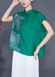 Green Print Cotton Shirt Top Asymmetrical Button Summer