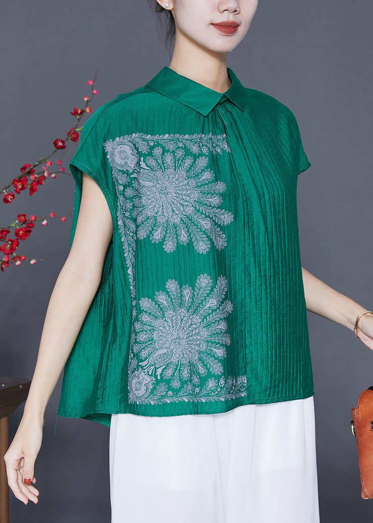 Green Print Cotton Shirt Top Asymmetrical Button Summer