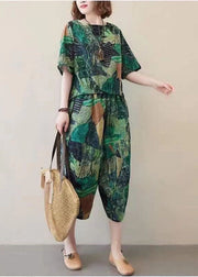 Green Print Cotton Tops And Crop Pants Two Piece Set O-Neck Low High Design Summer