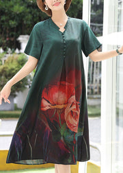 Green Print Cozy Silk Long Dress Summer