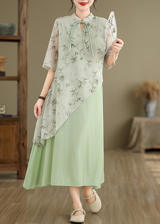 Green Print False Two Pieces Cotton Dresses Stand Collar Summer