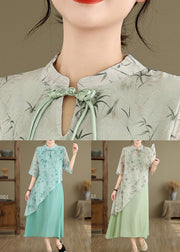 Green Print False Two Pieces Cotton Dresses Stand Collar Summer