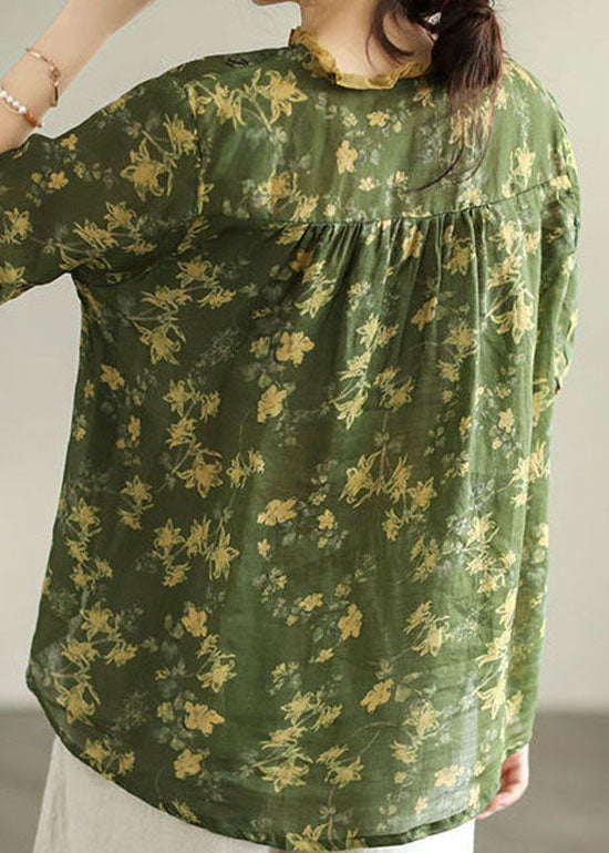 Green Print Linen Blouse Top Wrinkled Summer