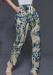 Green Print Linen Harem Pants Oversized Summer