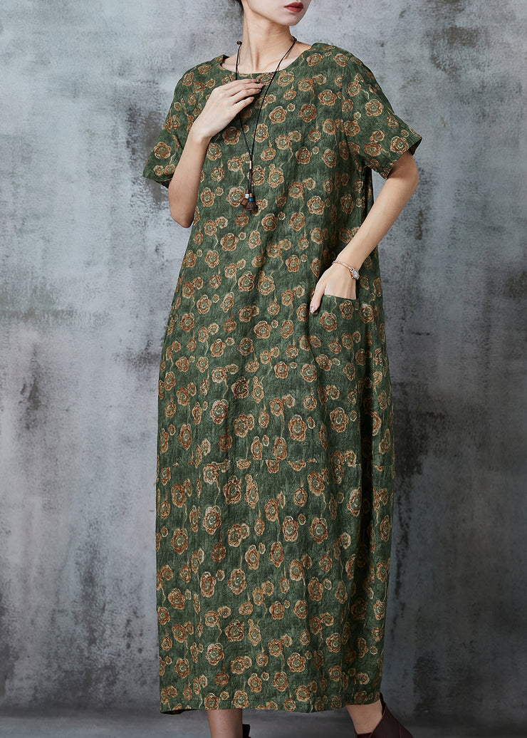 Green Print Linen Maxi Dresses Oversized Pockets Summer