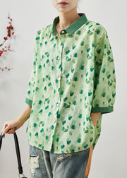 Green Print Linen Shirt Tops Peter Pan Collar Bracelet Sleeve