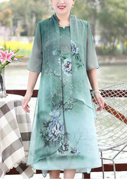 Green Print Patchwork Chiffon Dresses False Two Pieces Summer Half Sleeve