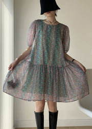 Green Print Patchwork Chiffon Mid Dress O Neck Puff Sleeve