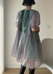 Green Print Patchwork Chiffon Mid Dress O Neck Puff Sleeve