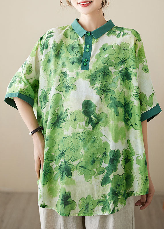 Green Print Patchwork Cotton Shirt Top Peter Pan Collar Summer