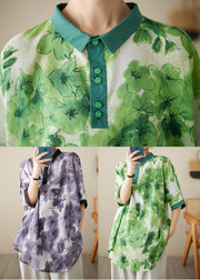 Green Print Patchwork Cotton Shirt Top Peter Pan Collar Summer