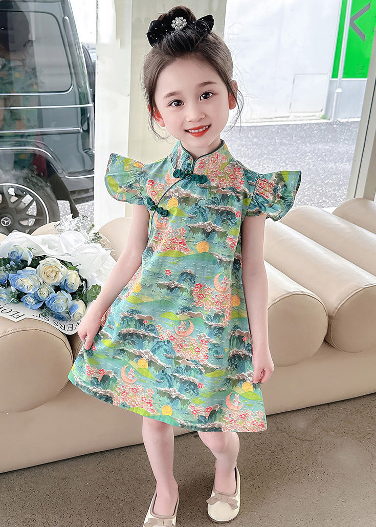 Green Print Patchwork Kids Vacation Mid Dress Short Sleeve