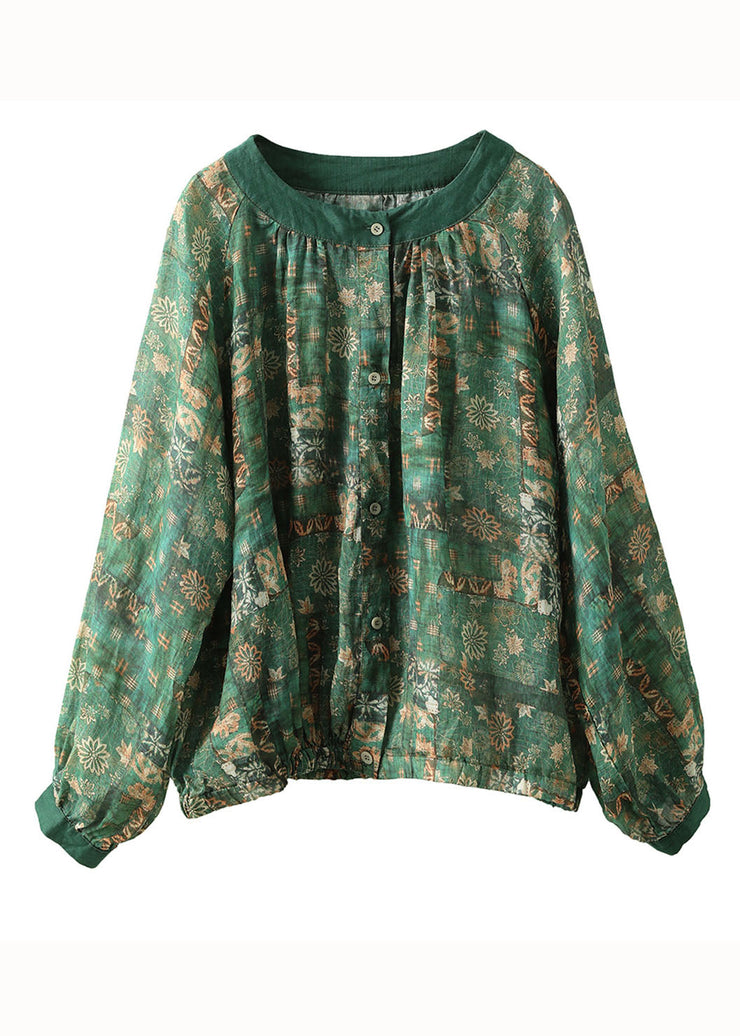 Green Print Patchwork Linen Blouses O Neck Wrinkled Button Spring