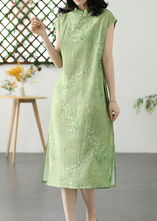 Green Print Patchwork Linen Dress Stand Collar Button Summer