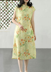 Green Print Patchwork Linen Dress Stand Collar Button Summer