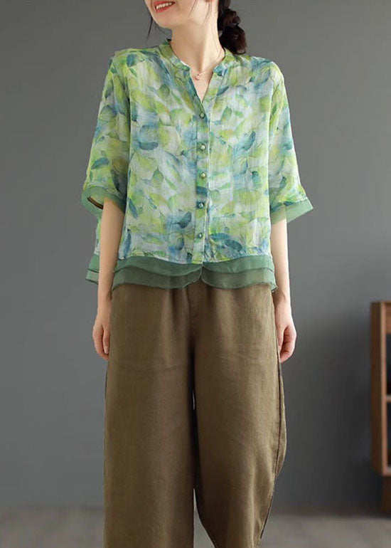 Green Print Patchwork Linen Shirt Top V Neck Button Half Sleeve