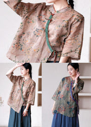 Green Print Patchwork Linen Shirt Tops Stand Collar Lace Up Summer