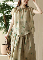 Green Print Patchwork Linen T Shirt Top Ruffled Short Sleeve