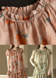 Green Print Patchwork Linen T Shirt Top Ruffled Short Sleeve