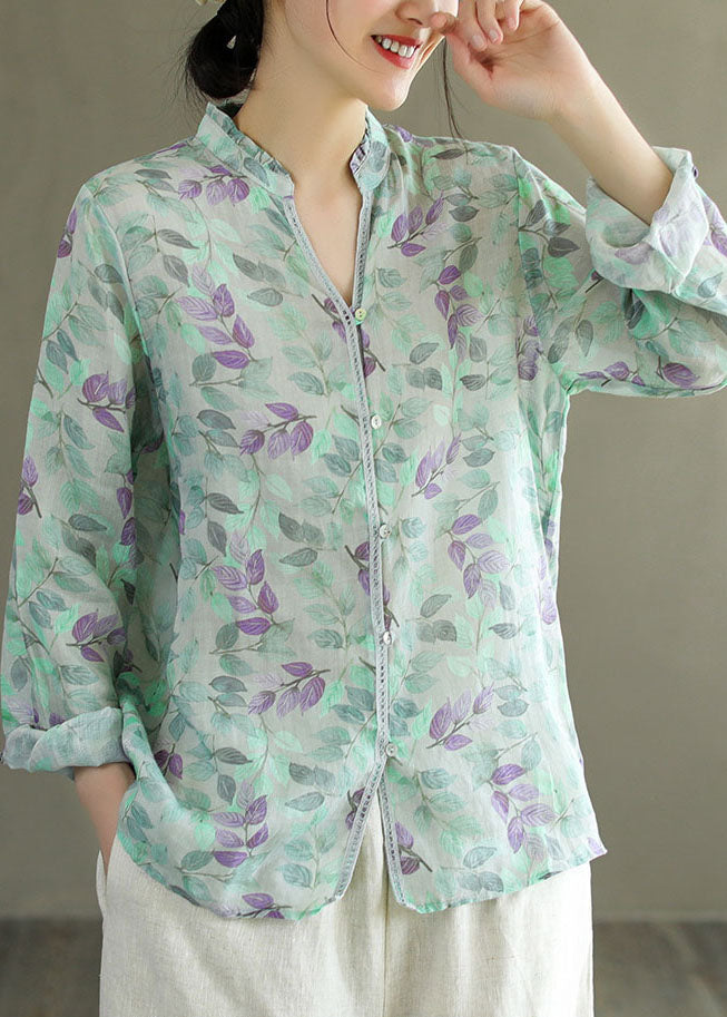 Green Print Patchwork Linen Top V Neck Ruffled Button Long Sleeve