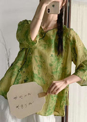 Green Print Patchwork Linen Tops V Neck Chinese Button Summer