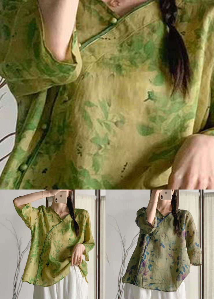 Green Print Patchwork Linen Tops V Neck Chinese Button Summer