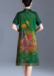 Green Print Patchwork Silk Dress Stand Collar Summer